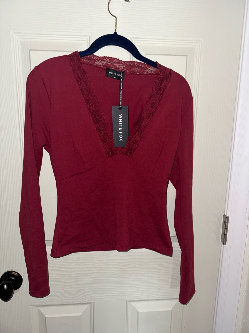 White Fox Boutique Lace-Trim V-Neck Long Sleeve Top - Wine